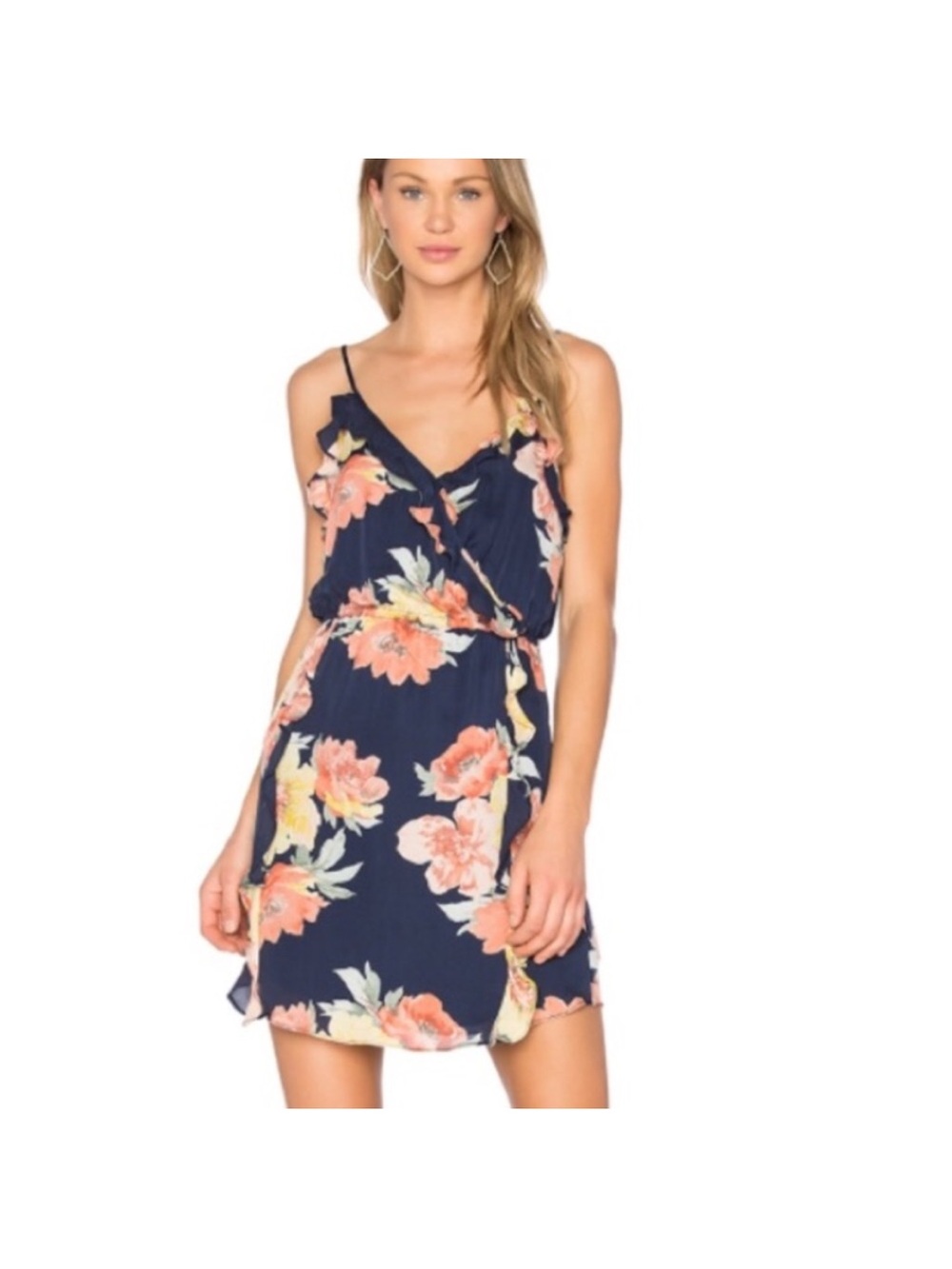 Joie Foxglove 100% Silk Floral Ruffle Dress Navy Blue Pink Small
